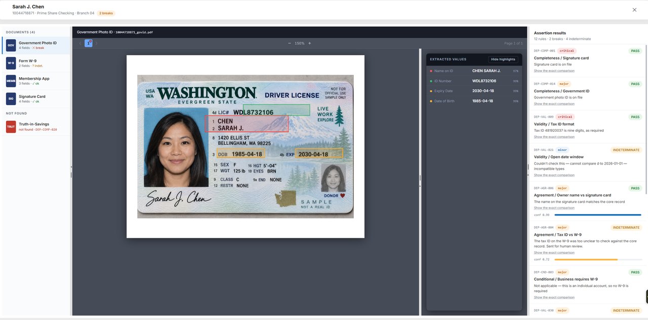 A government photo ID open beside the extracted field values and the assertion results for the account