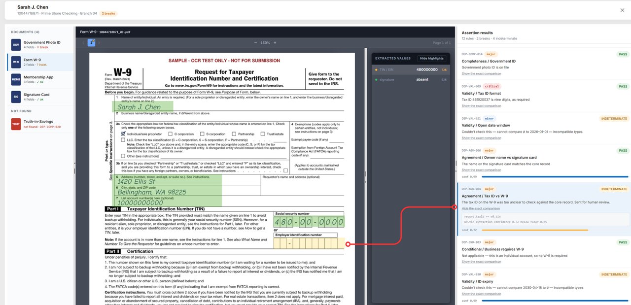 A W-9 with the tax ID field linked by a line to the assertion that could not verify it