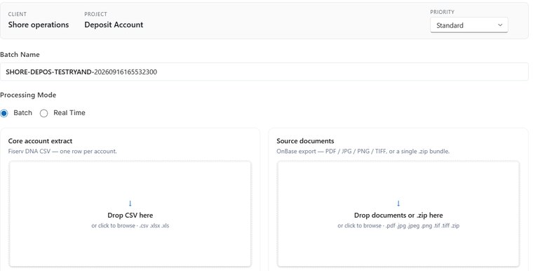 Upload screen with a core account extract and a document bundle