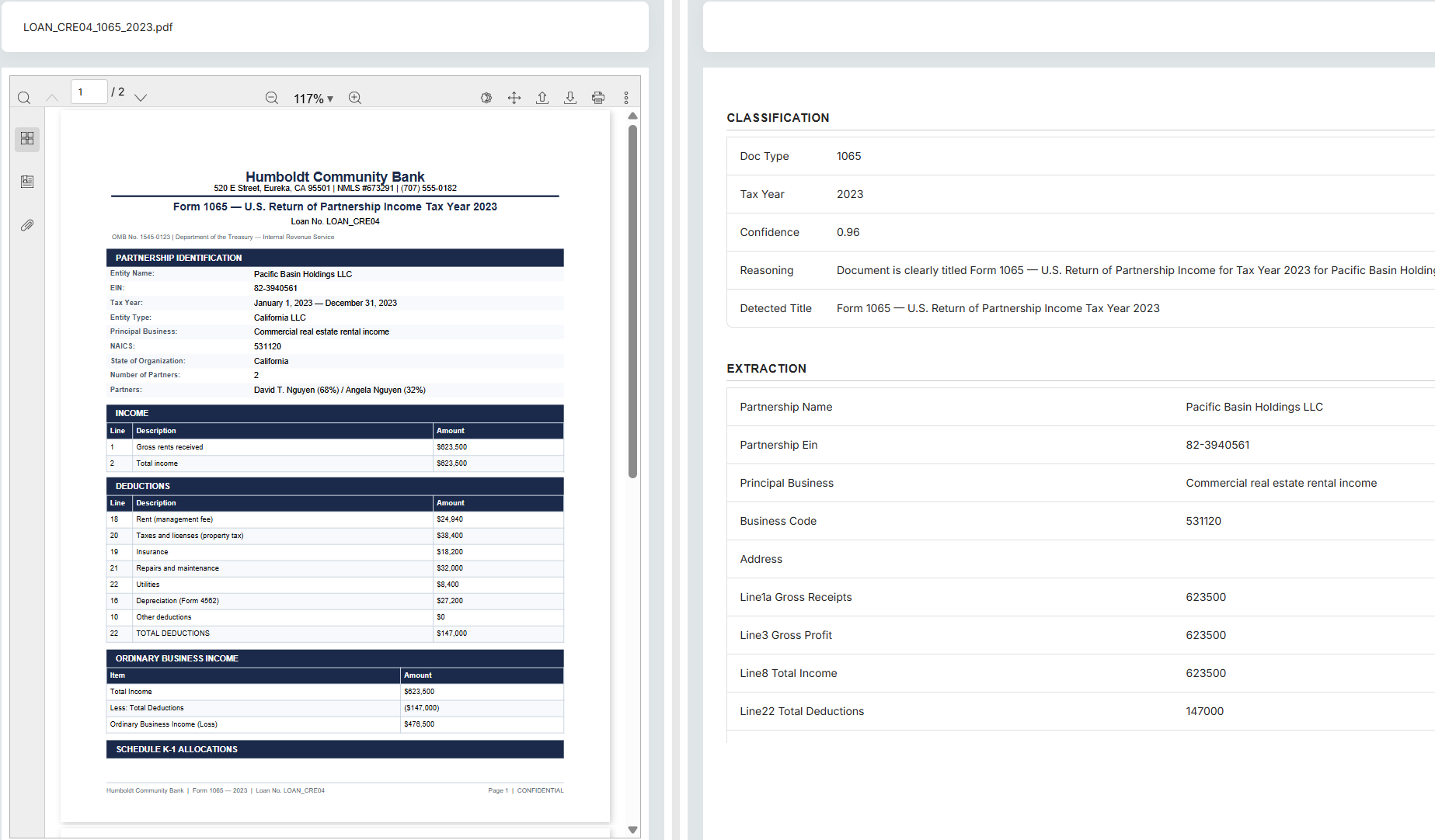 Polaris data extract screen showing a 1065 tax return classified with extracted partnership, income, and deduction fields side-by-side with the source PDF
